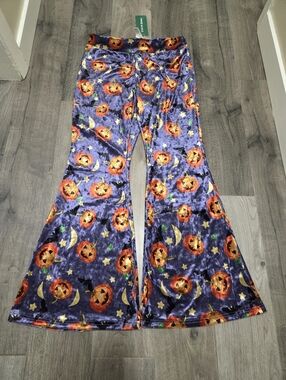 Nwt SHEIN Purple Velvet Flare Pants with Pumpkin Print